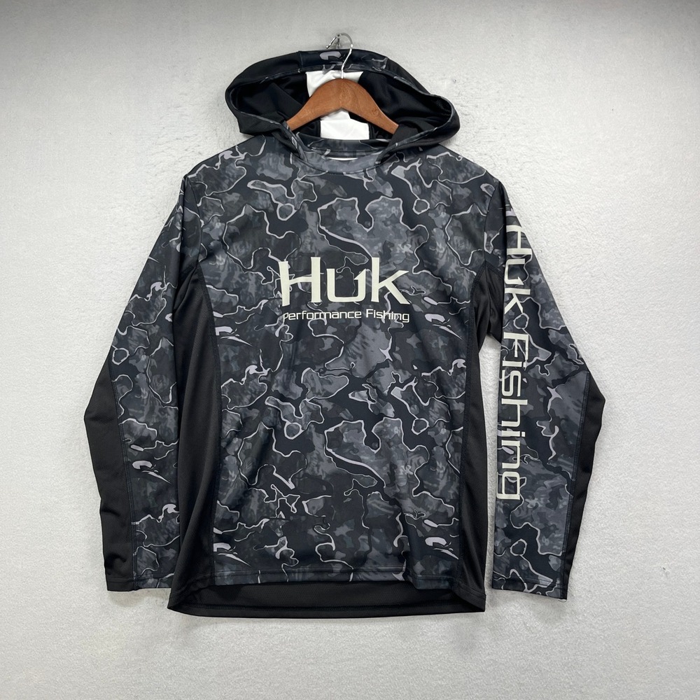 Huk Performance Fishing Hoodie Mens S Grey Camo Sun Shirt Gorpcore Angler Guide